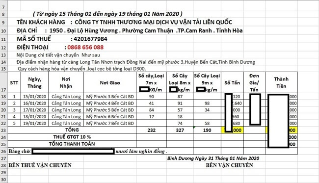 bảng kê vận chuyển chi tiết