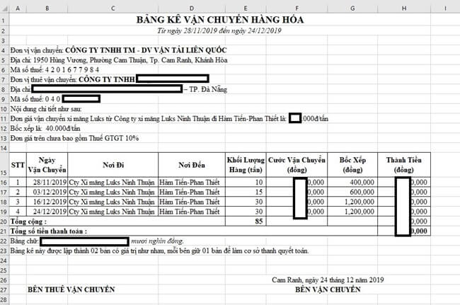 mẫu bảng kê cước vận chuyển